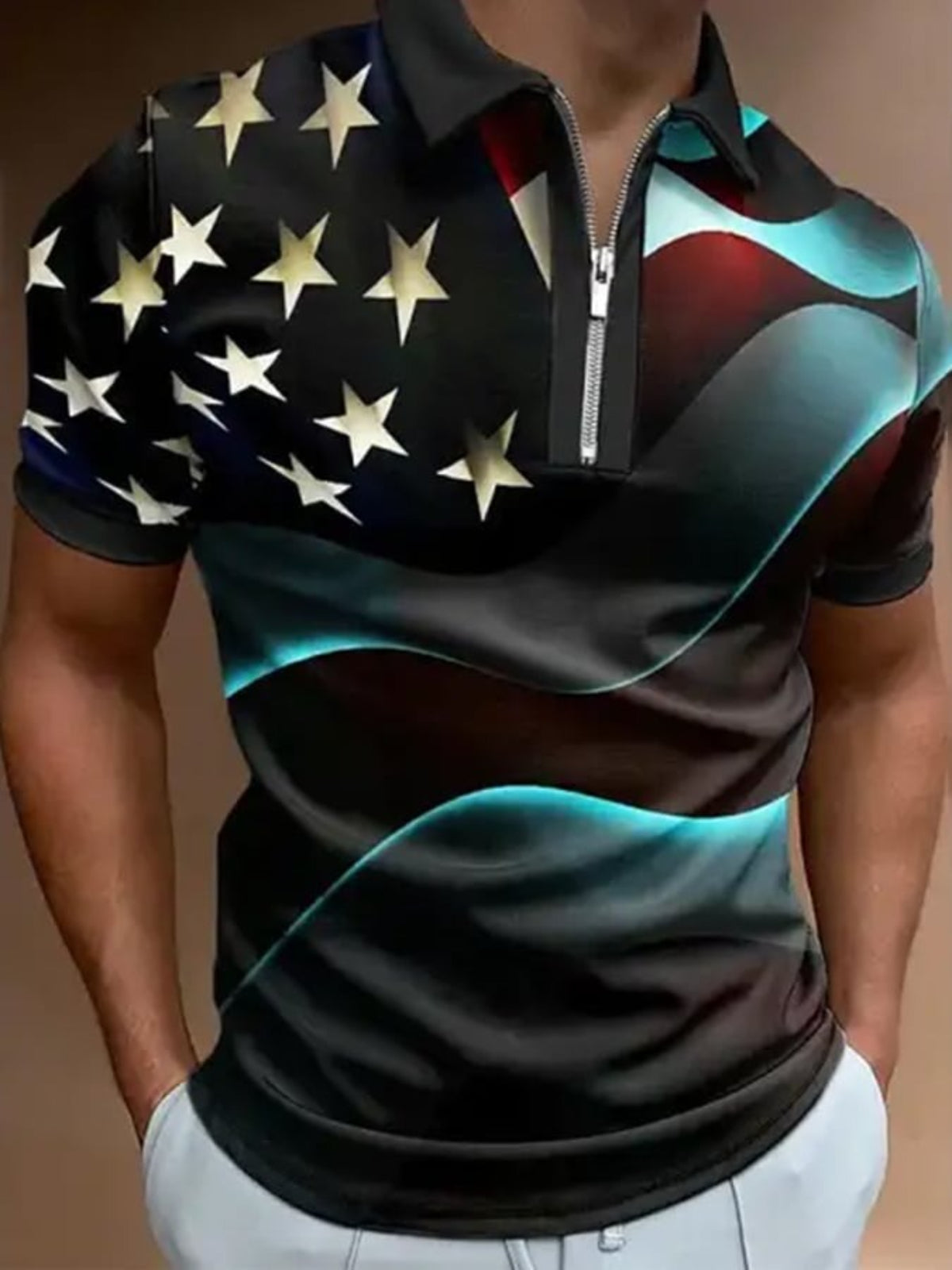 American Flag Print Short Sleeve Polo T Shirt-Vacay Outfit