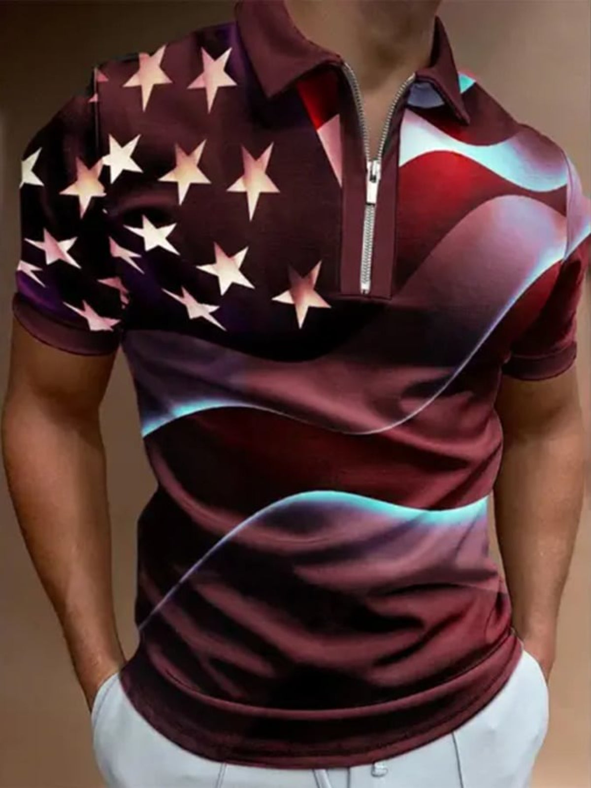 American Flag Print Short Sleeve Polo T Shirt-Vacay Outfit