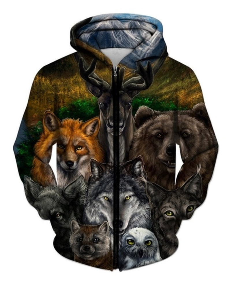 Animals Printed Zip Up Hoodie-Vacay Outfit