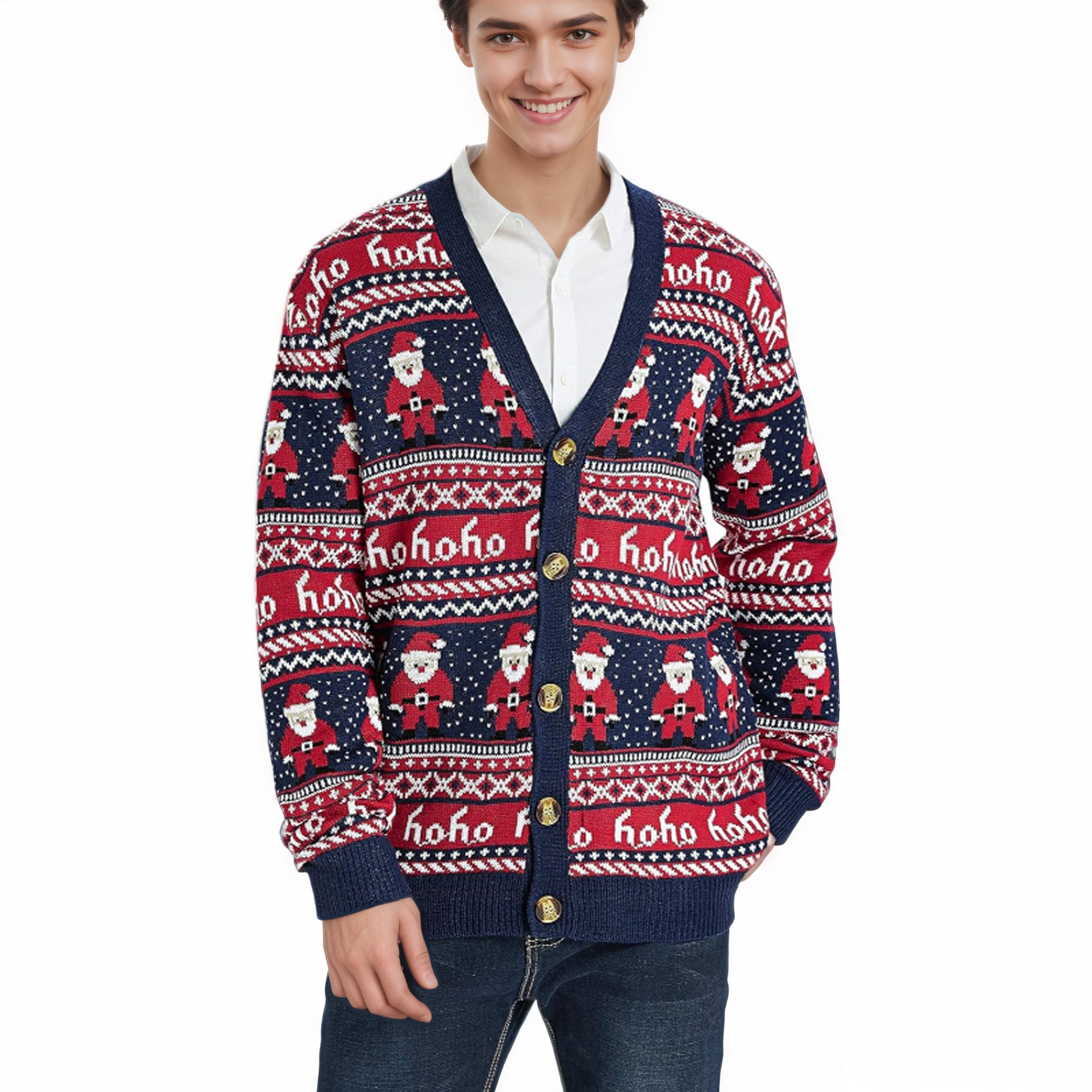 Men's Christmas Rudolph Reindeer Holiday Festive Knitted Sweater Cardigan Cute Ugly Pullover Jumper