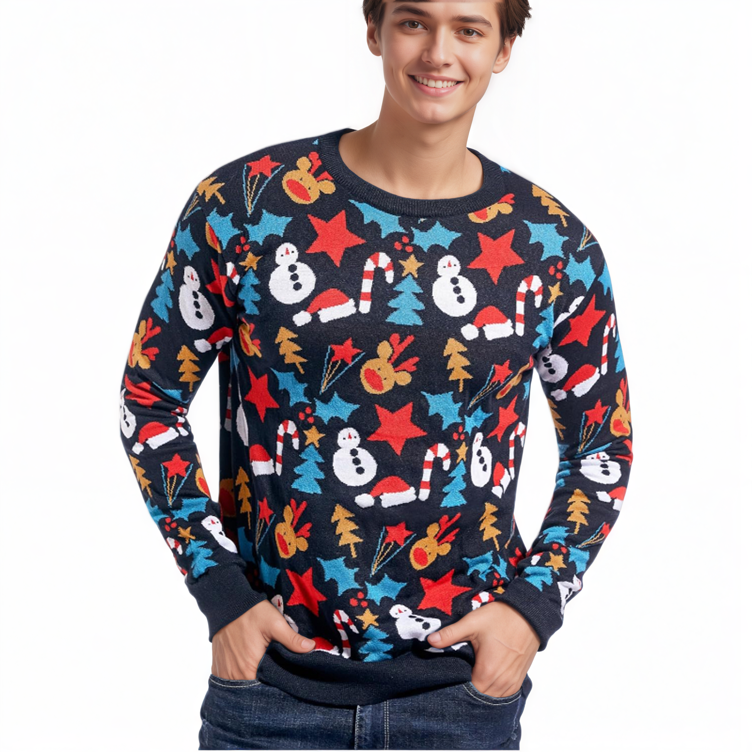 Men's Christmas Rudolph Reindeer Holiday Festive Knitted Sweater Cardigan Cute Ugly Pullover Jumper