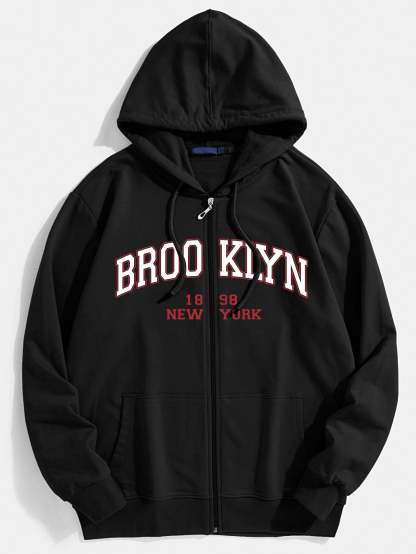 Brooklyn Print Kangaroo Pocket Zip Hoodie-Vacay Outfit