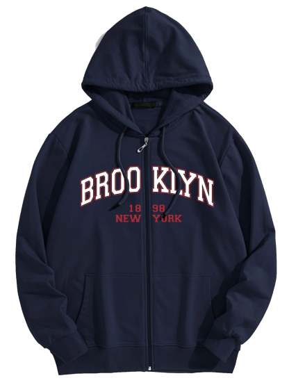 Brooklyn Print Kangaroo Pocket Zip Hoodie-Vacay Outfit