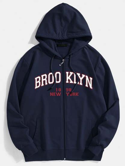 Brooklyn Print Kangaroo Pocket Zip Hoodie-Vacay Outfit