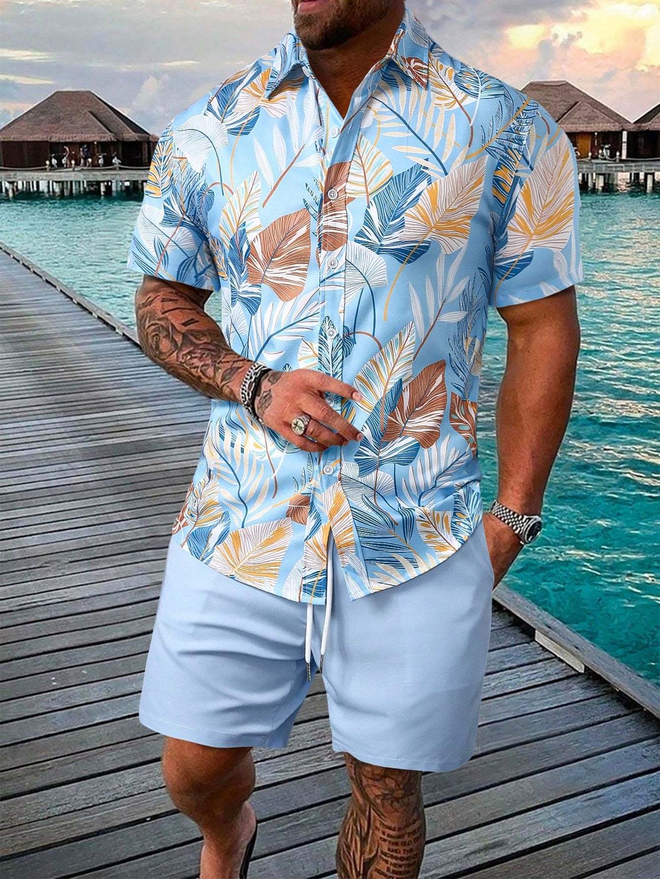 Leaf Print Short Sleeve Shirt And Shorts Set-Vacay Outfit