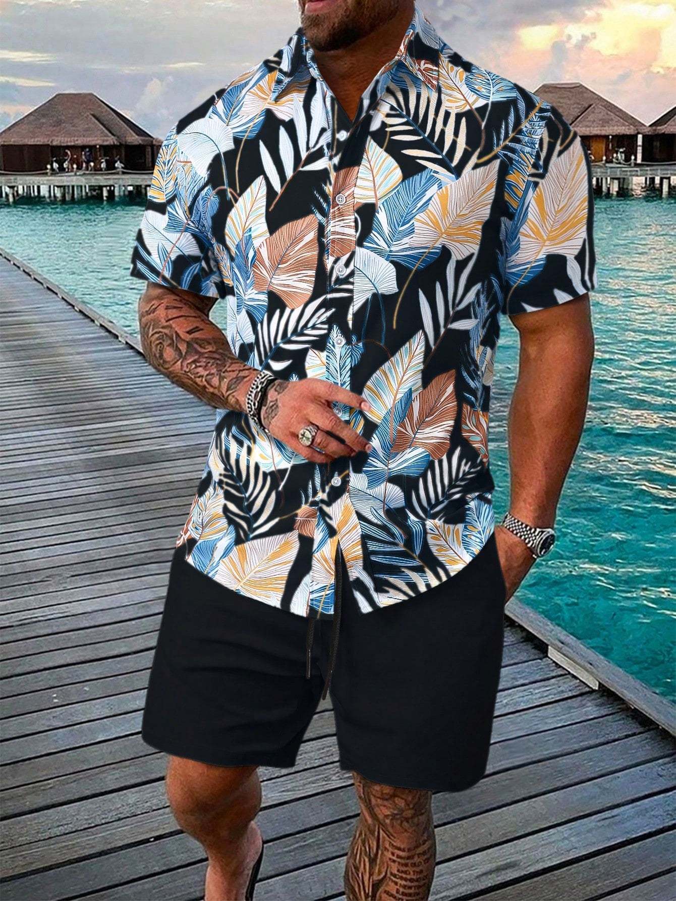 Botanical Pattern Short Sleeved Shirt And Shorts Ensemble-Vacay Outfit
