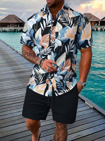 Botanical Pattern Short Sleeved Shirt And Shorts Ensemble-Vacay Outfit