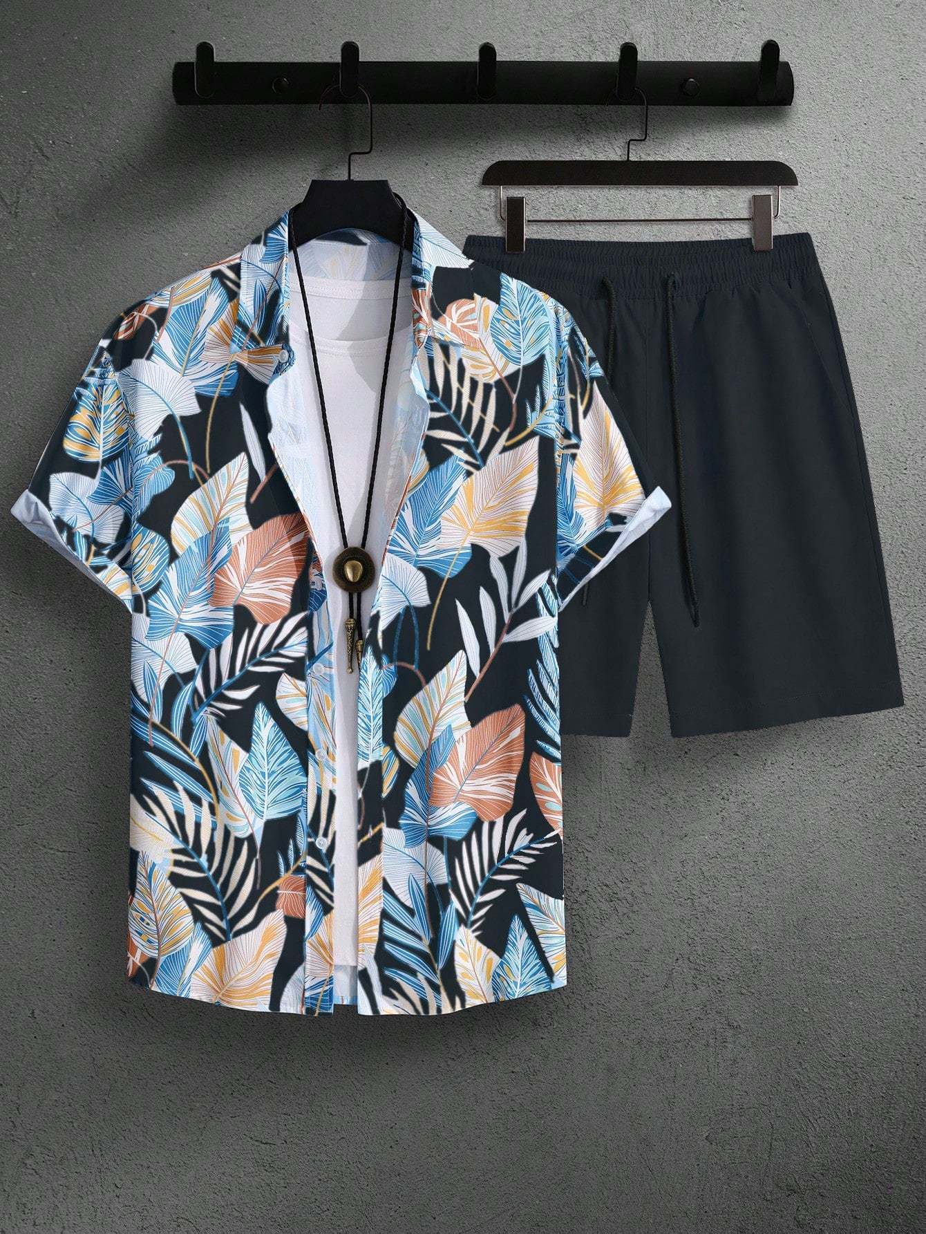 Botanical Pattern Short Sleeved Shirt And Shorts Ensemble-Vacay Outfit