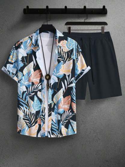 Botanical Pattern Short Sleeved Shirt And Shorts Ensemble-Vacay Outfit