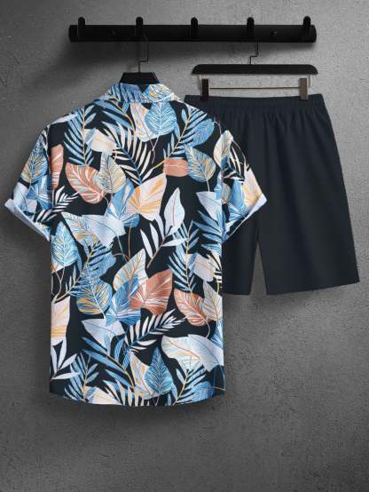 Leaf Print Short Sleeve Shirt And Shorts Set-Vacay Outfit