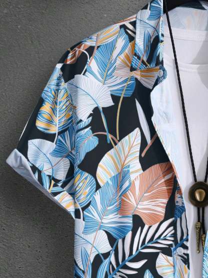 Botanical Pattern Short Sleeved Shirt And Shorts Ensemble-Vacay Outfit