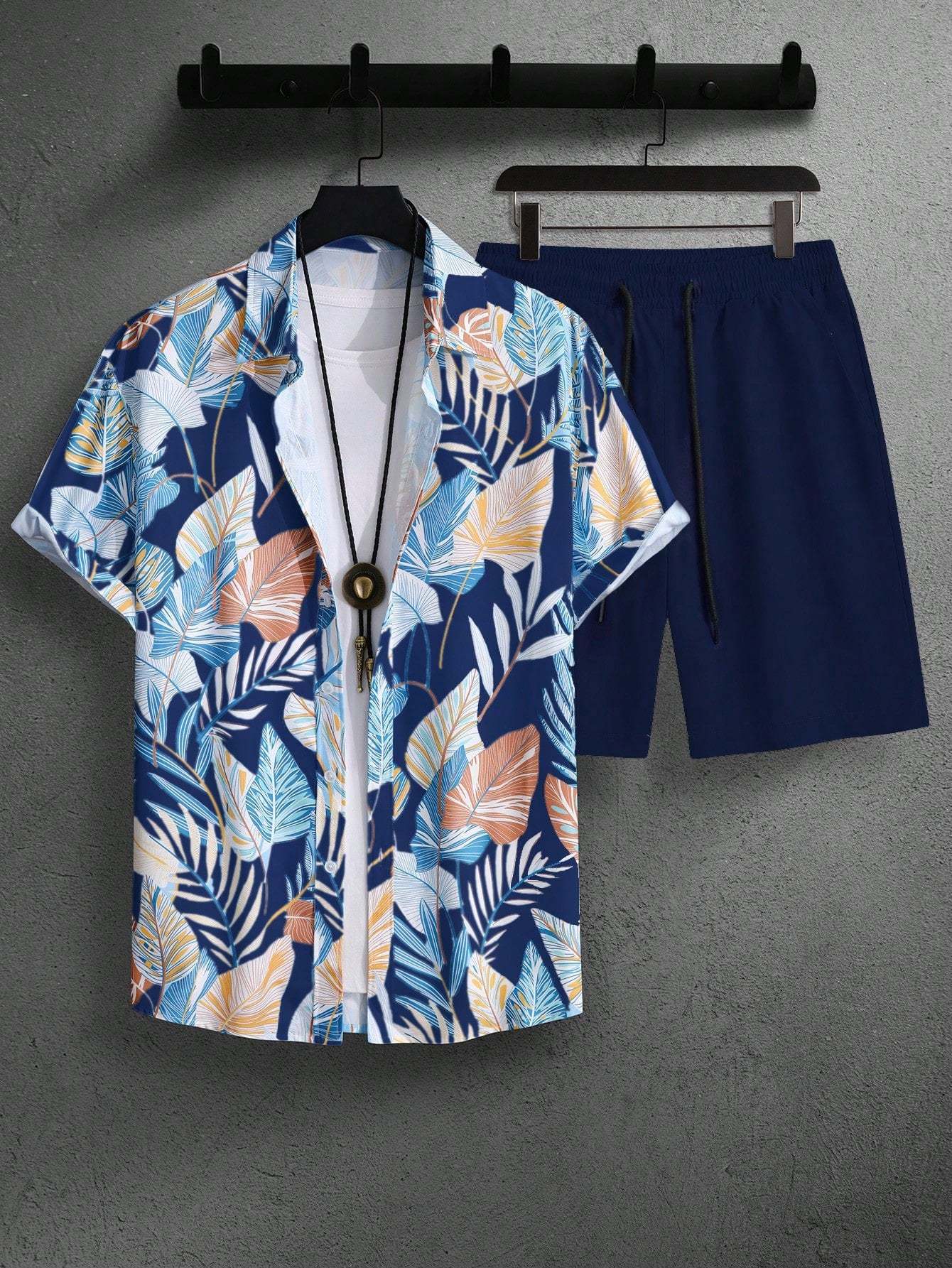 Leaf Print Short Sleeve Shirt And Shorts Set-Vacay Outfit