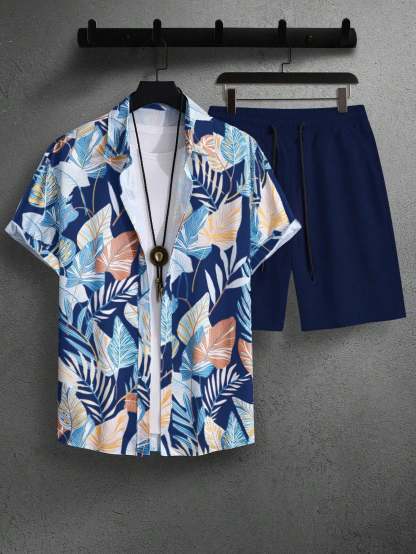 Botanical Pattern Short Sleeved Shirt And Shorts Ensemble-Vacay Outfit