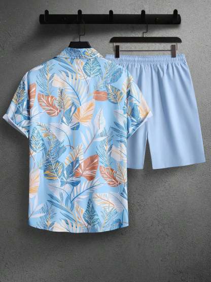 Botanical Pattern Short Sleeved Shirt And Shorts Ensemble-Vacay Outfit