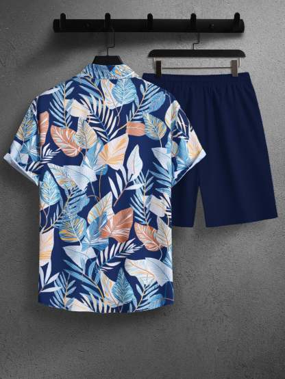Botanical Pattern Short Sleeved Shirt And Shorts Ensemble-Vacay Outfit