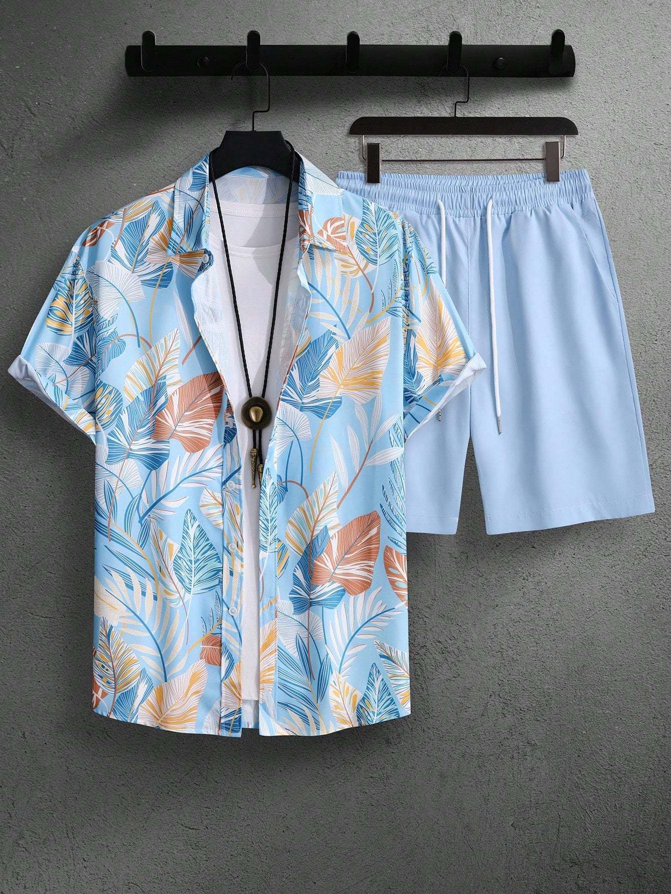 Botanical Pattern Short Sleeved Shirt And Shorts Ensemble-Vacay Outfit