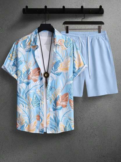 Botanical Pattern Short Sleeved Shirt And Shorts Ensemble-Vacay Outfit