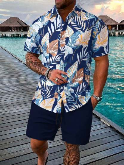Botanical Pattern Short Sleeved Shirt And Shorts Ensemble-Vacay Outfit