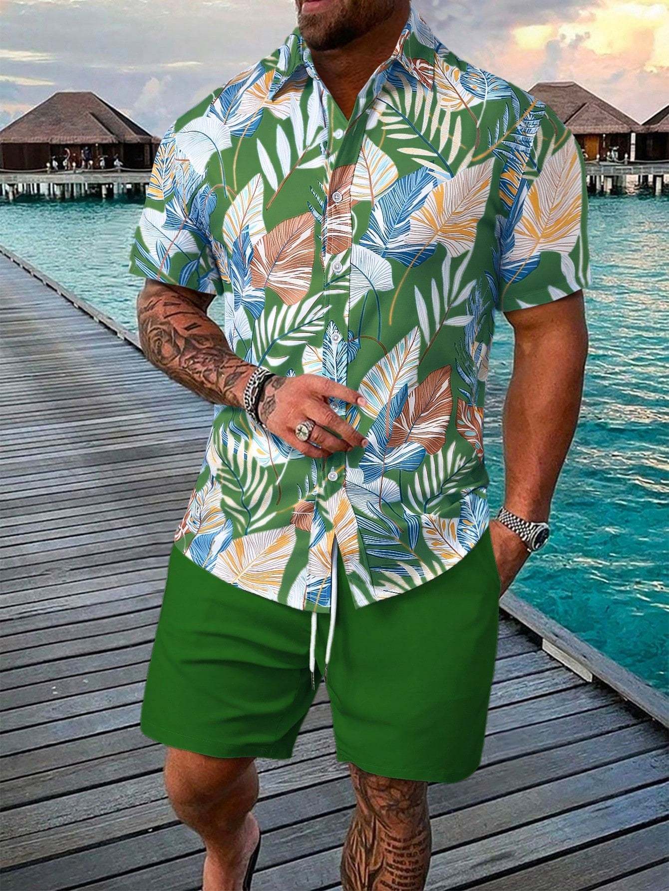 Leaf Print Short Sleeve Shirt And Shorts Set-Vacay Outfit