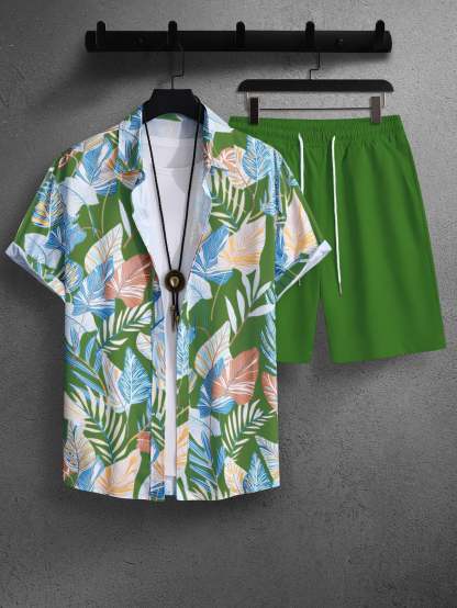 Botanical Pattern Short Sleeved Shirt And Shorts Ensemble-Vacay Outfit