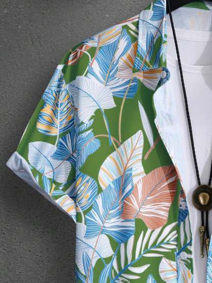 Leaf Print Short Sleeve Shirt And Shorts Set-Vacay Outfit