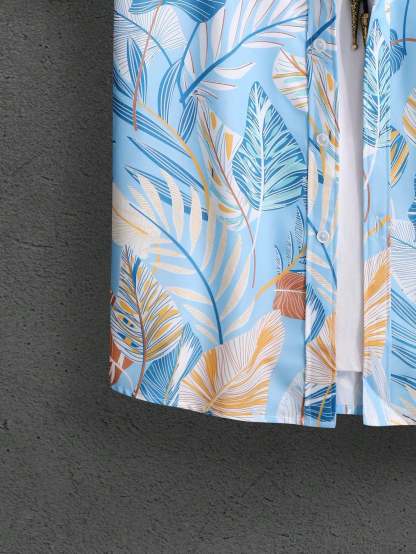 Botanical Pattern Short Sleeved Shirt And Shorts Ensemble-Vacay Outfit