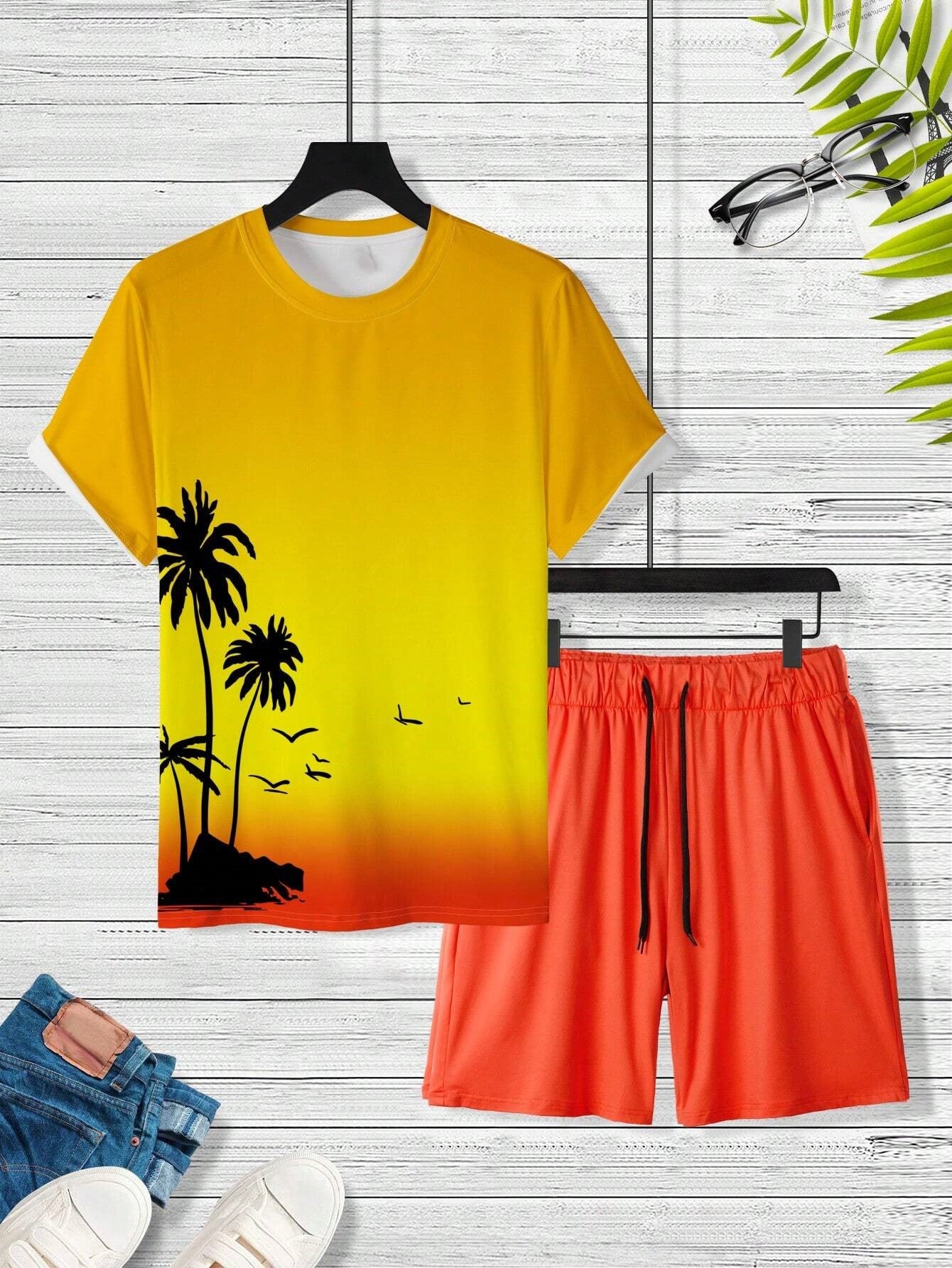 Botanical Print T Shirt With Drawstring Shorts-Vacay Outfit