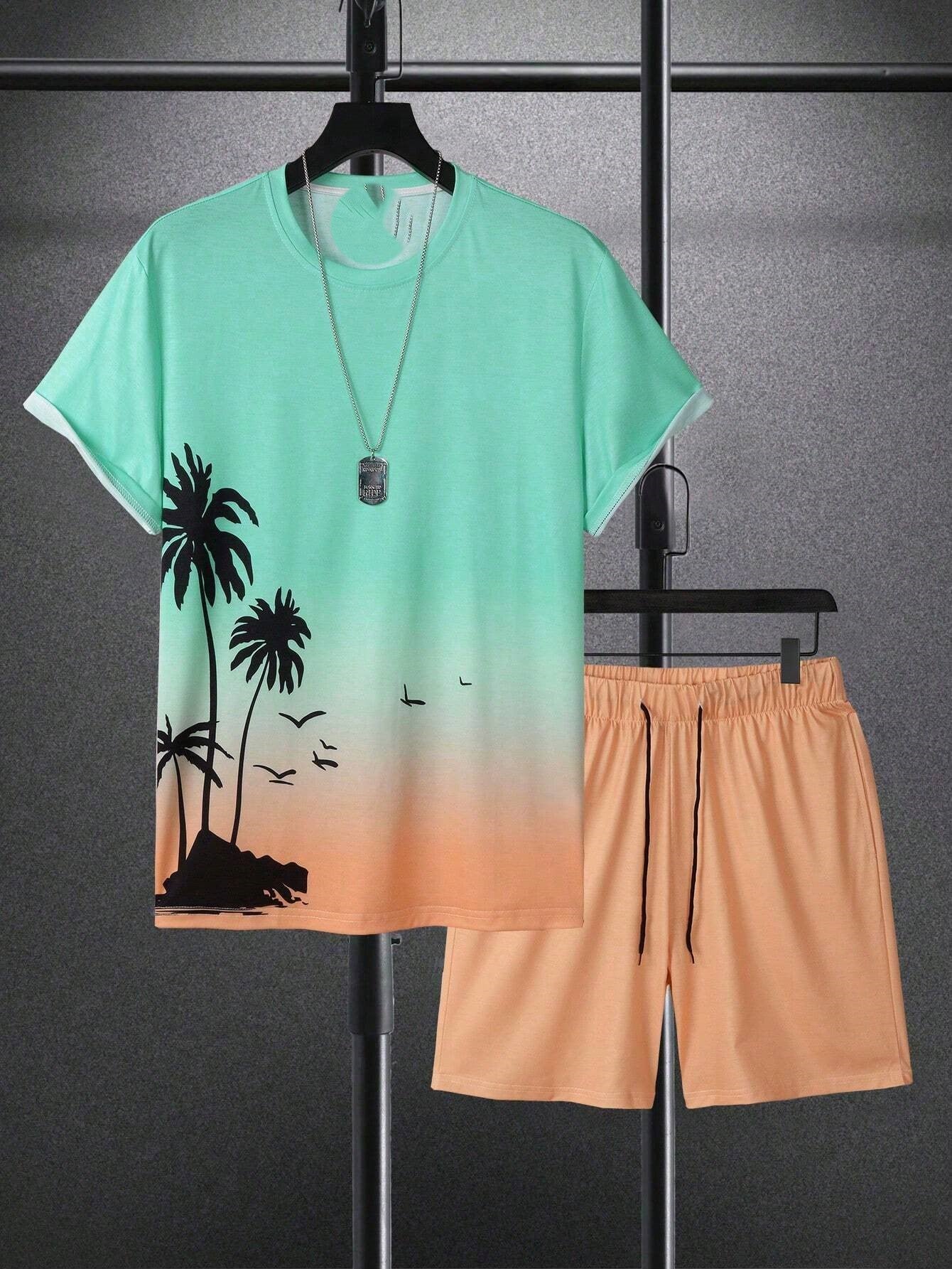 Botanical Print T Shirt With Drawstring Shorts-Vacay Outfit
