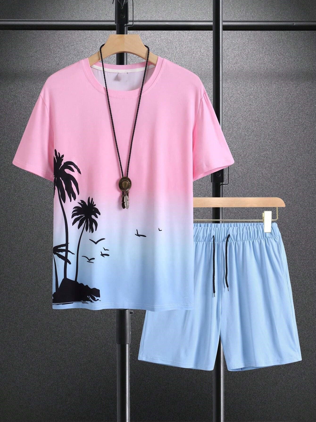 Botanical Print T Shirt With Drawstring Shorts-Vacay Outfit