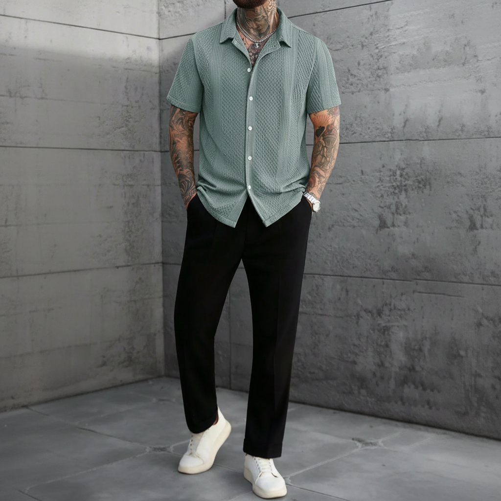 Solid Color Jacquard Knit Short Sleeve Button Front Shirt For Men