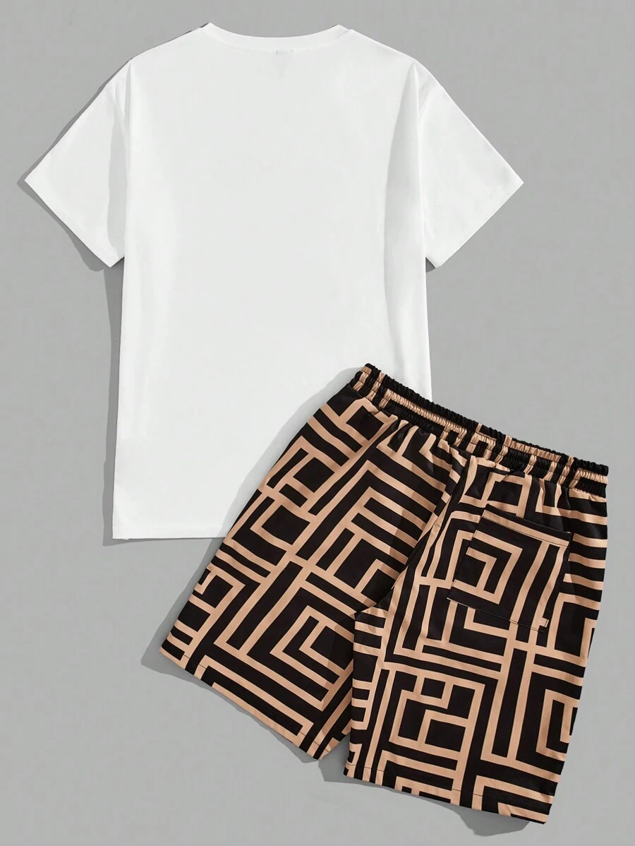 Cartoon Printed Knitted Tshirt And Woven Shorts Set-Vacay Outfit