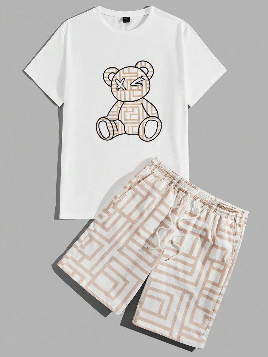 Cartoon Printed Knitted Tshirt And Woven Shorts Set-Vacay Outfit