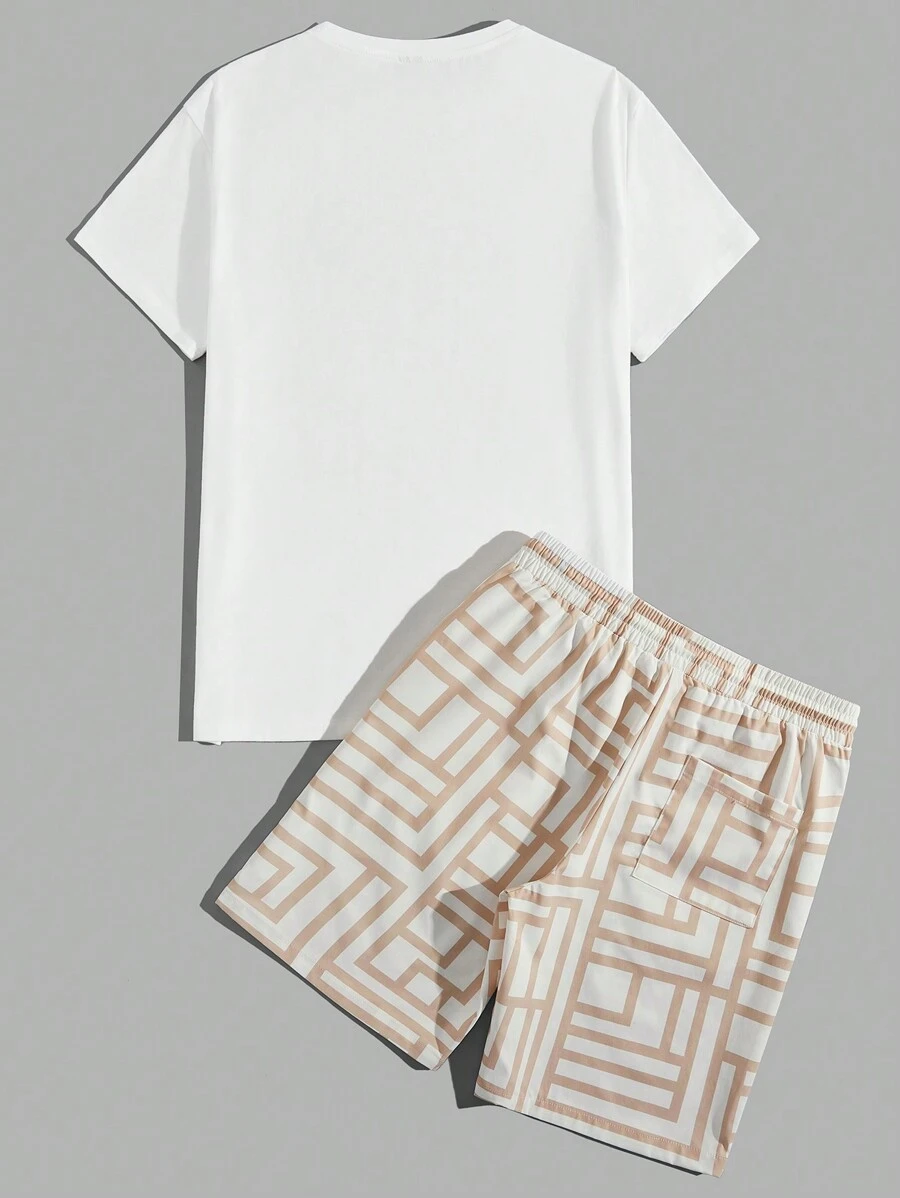 Cartoon Printed Knitted Tshirt And Woven Shorts Set-Vacay Outfit