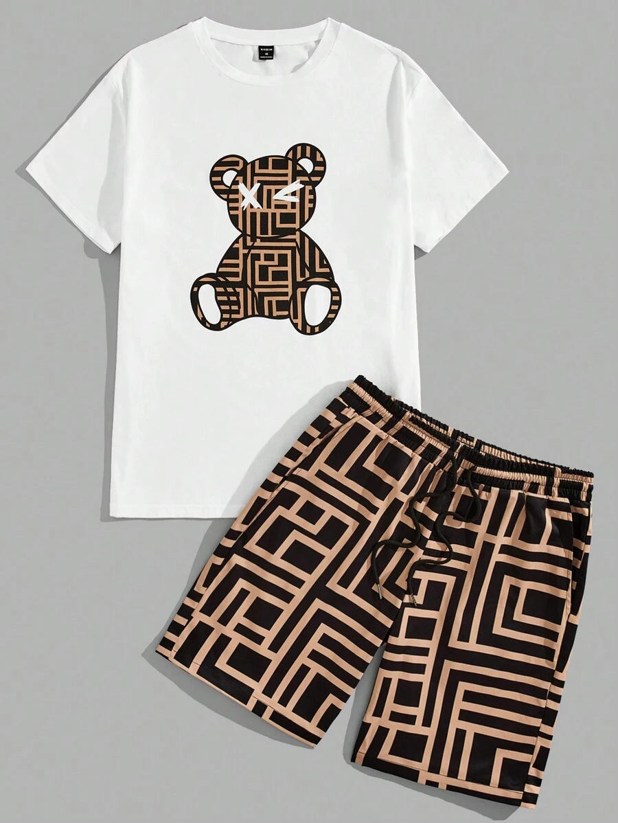 Cartoon Printed Knitted Tshirt And Woven Shorts Set-Vacay Outfit