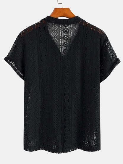 Geometry Textured Patterned Cuban Shirts-Vacay Outfit