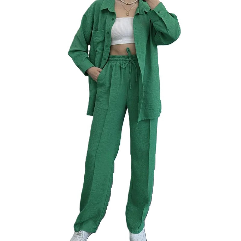 Women 2 Piece Button Down Shirt and High Waisted Pant Set-Vacay Outfit