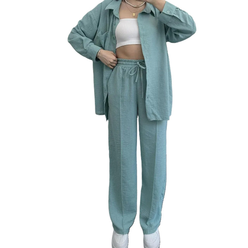 Women 2 Piece Button Down Shirt and High Waisted Pant Set-Vacay Outfit