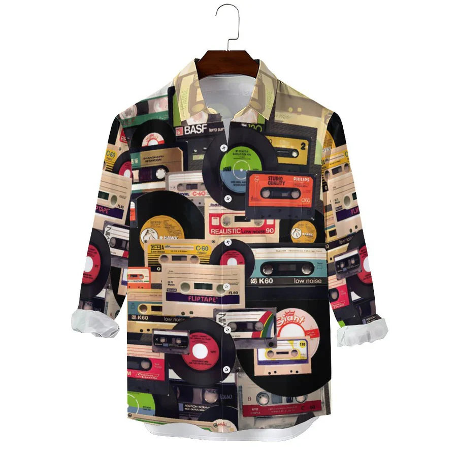 Casual Music Tape Vinyl Record Printed Long Sleeve Shirt-Vacay Outfit
