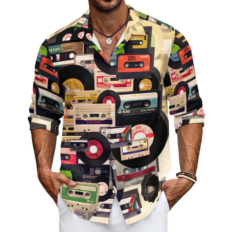 Casual Music Tape Vinyl Record Printed Long Sleeve Shirt-Vacay Outfit