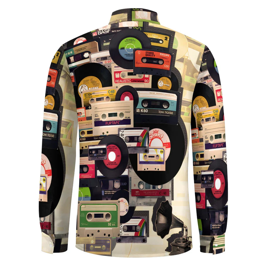 Casual Music Tape Vinyl Record Printed Long Sleeve Shirt-Vacay Outfit