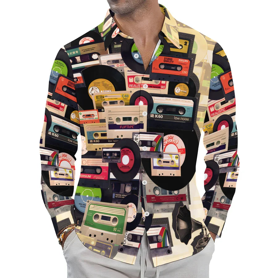 Casual Music Tape Vinyl Record Printed Long Sleeve Shirt-Vacay Outfit