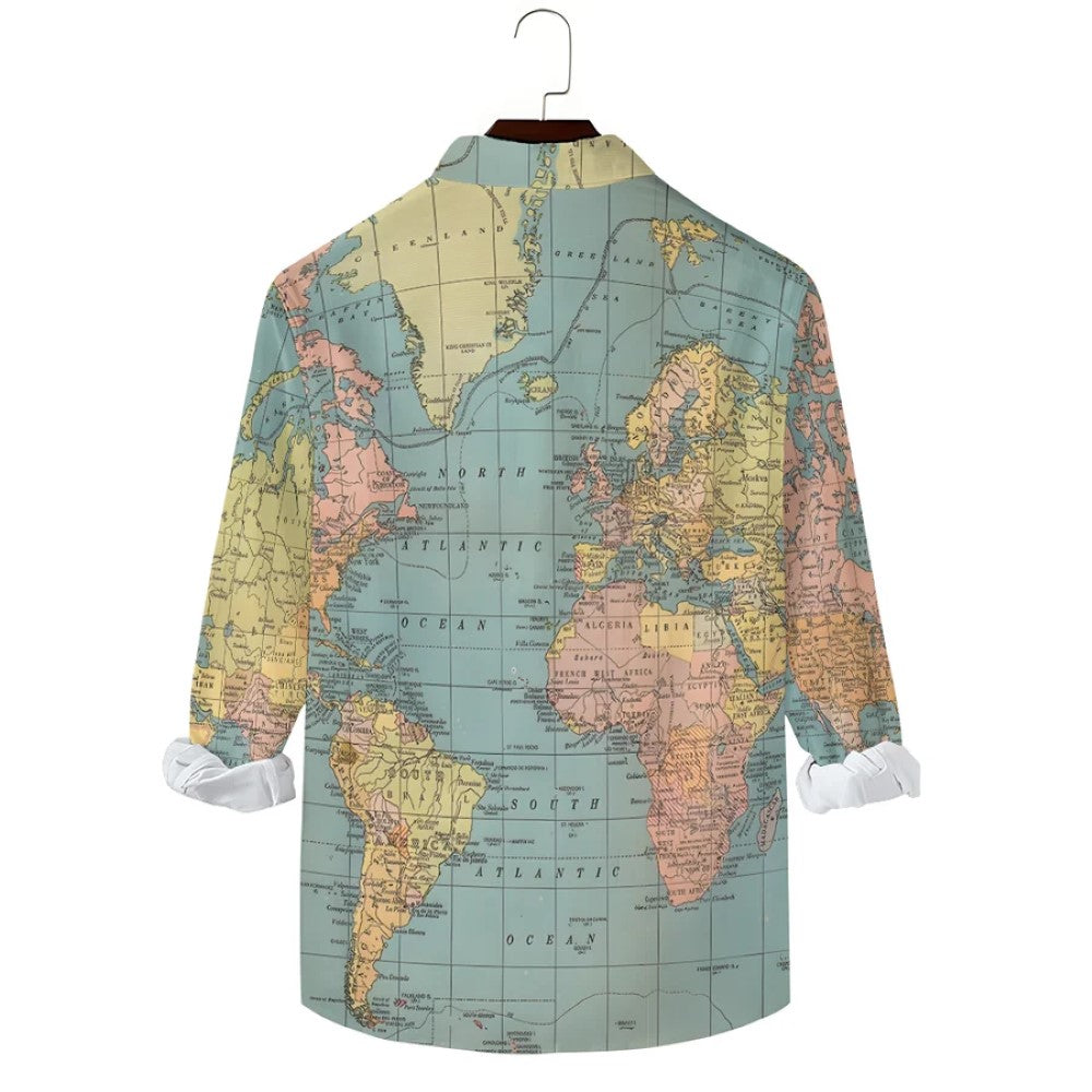 Map Casual Printed Long Sleeve Shirt-Vacay Outfit