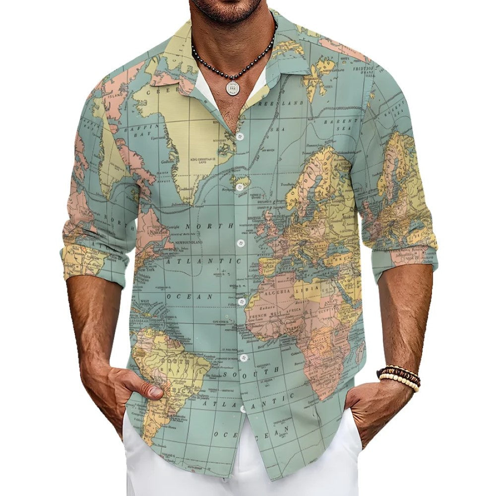 Map Casual Printed Long Sleeve Shirt-Vacay Outfit