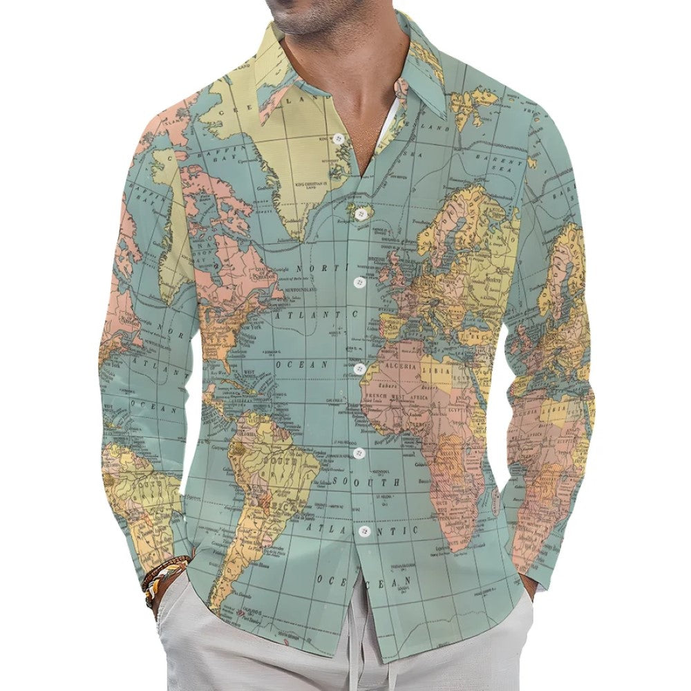 Map Casual Printed Long Sleeve Shirt-Vacay Outfit