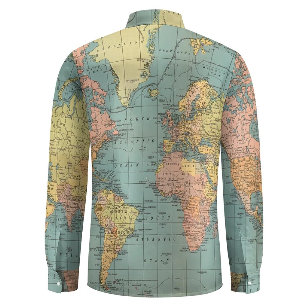 Map Casual Printed Long Sleeve Shirt-Vacay Outfit
