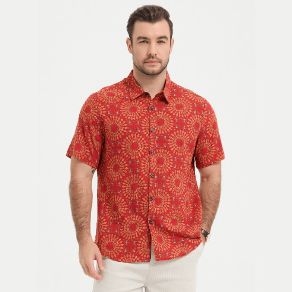 Casual Retro Print Short Sleeve Shirt-Vacay Outfit