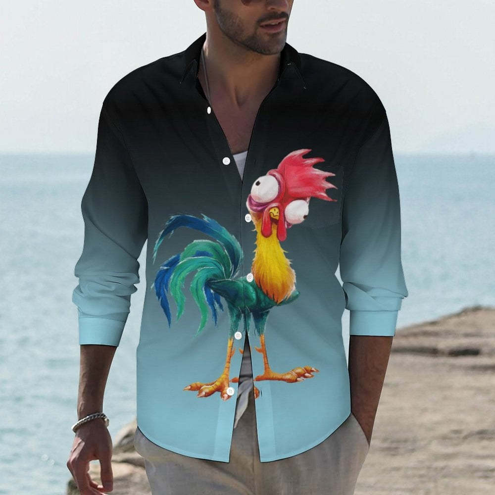 Casual Rooster Printed Long Sleeve Shirt-Vacay Outfit