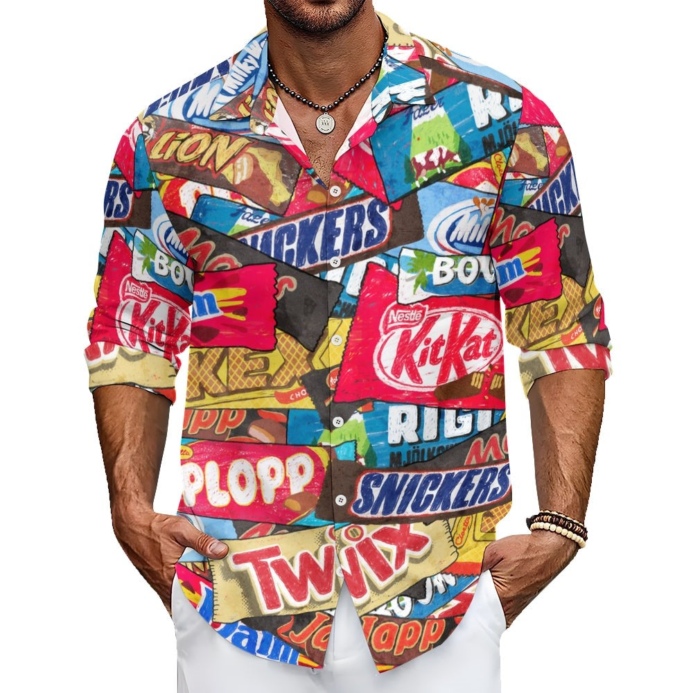 Casual Snack Packaging Printed Long Sleeve Shirt-Vacay Outfit