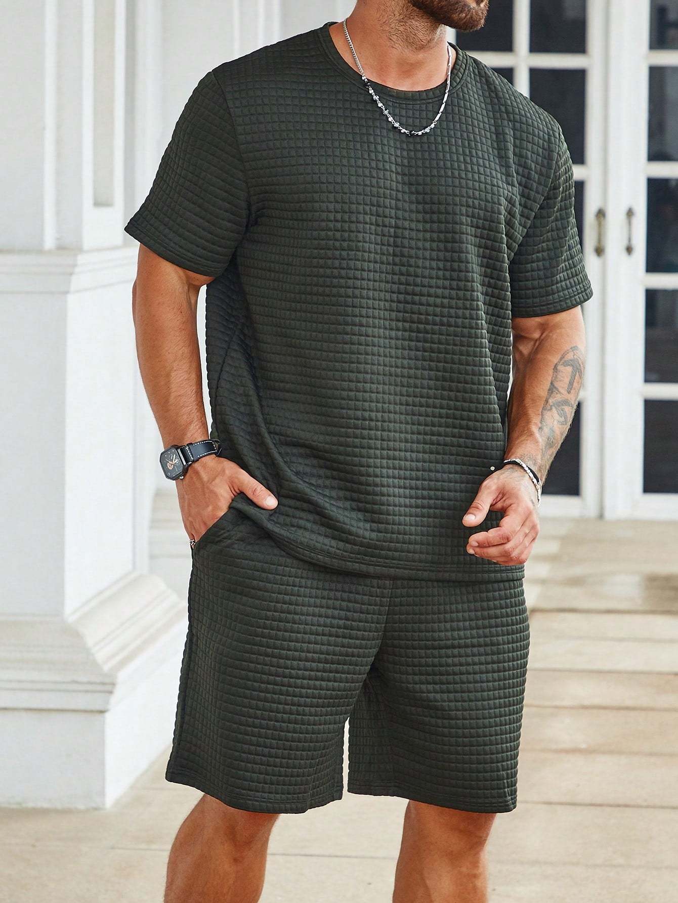 Solid Colored Tee And Drawstring Shorts-Vacay Outfit