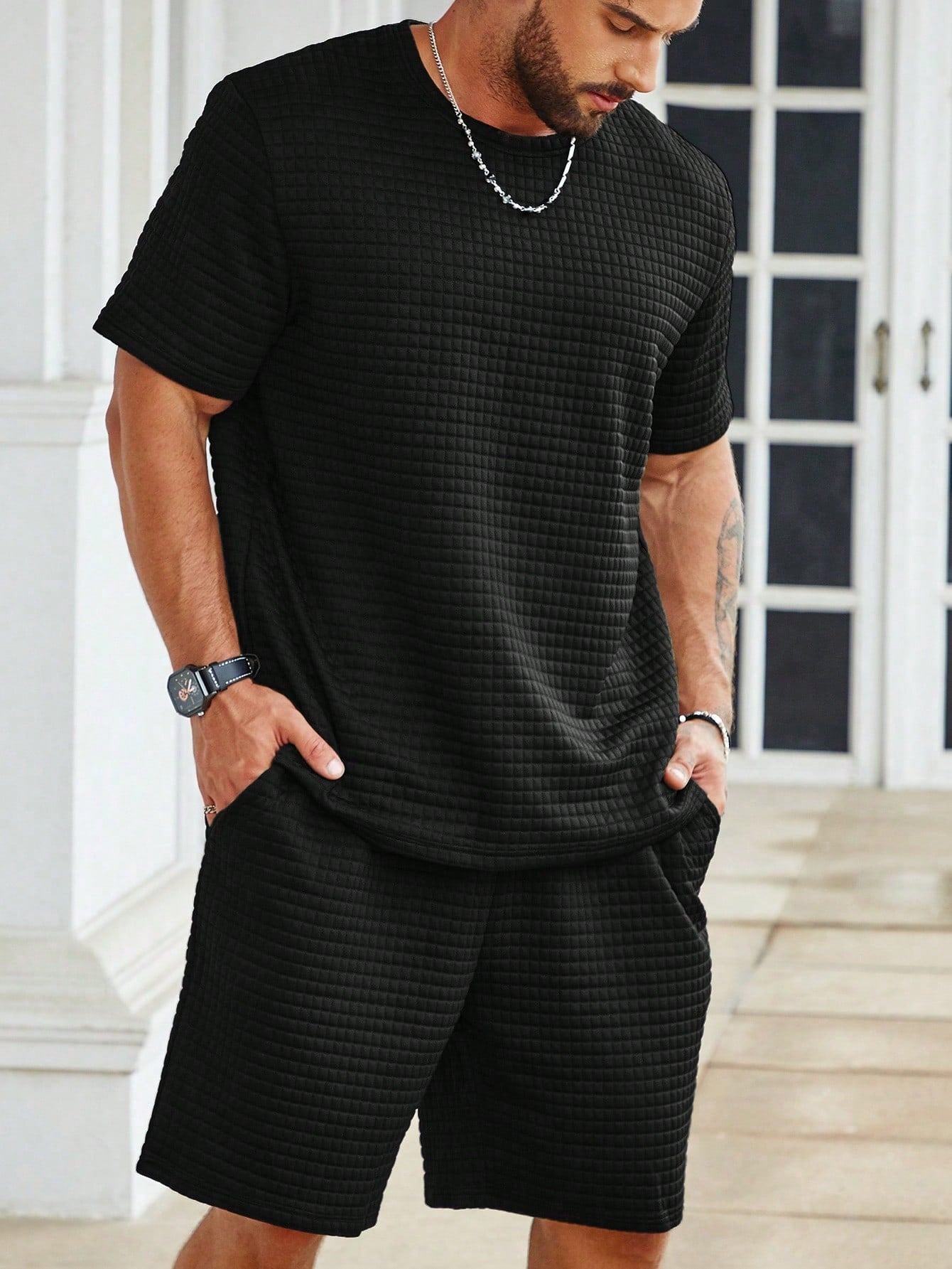 Solid Colored Tee And Drawstring Shorts-Vacay Outfit